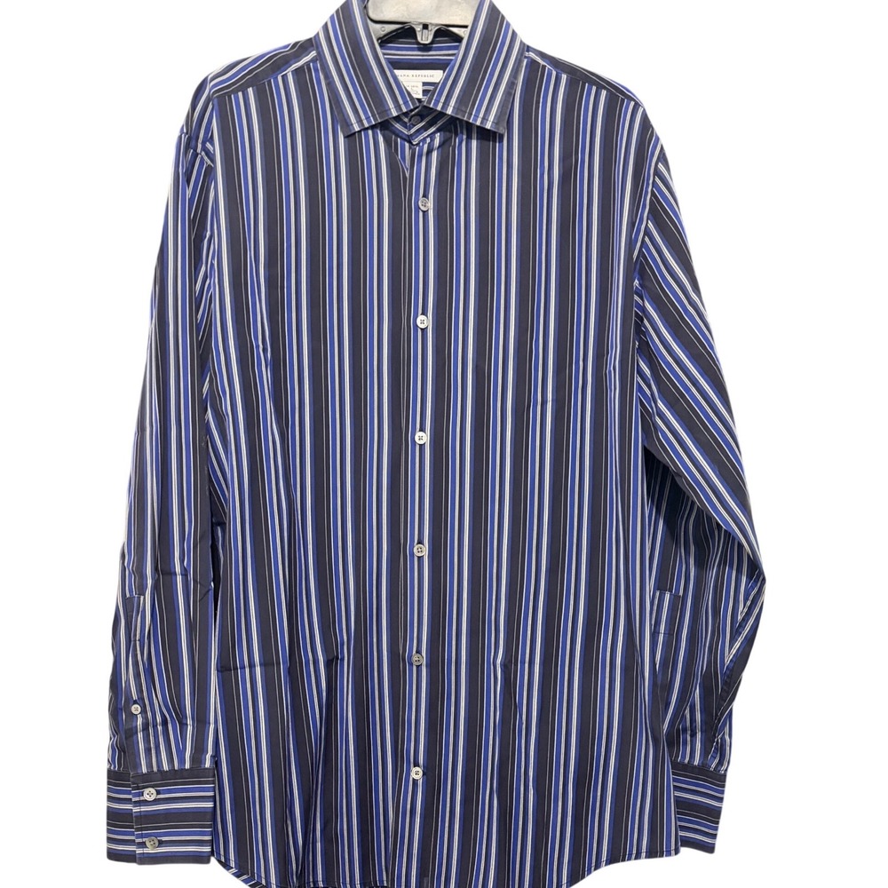 Banana Republic Mens Blue Black White Striped Button Down Shirt Large 16-16.5